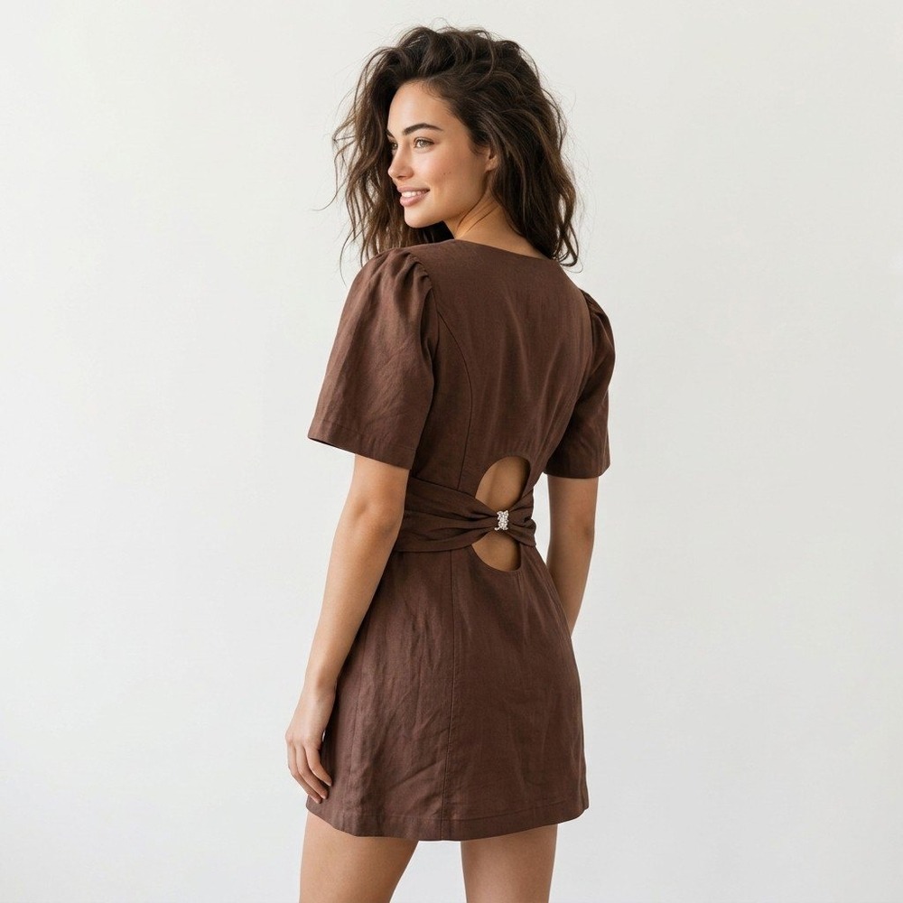 Maeve Anthropologie Brown Linen Blend Puff Sleeve Cutout Back Mini Dress‎ Size S
